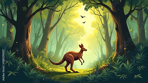 A Kangaroo in the Forest art illustration Background, Wild Kangaroo Animal in jungle illustration.