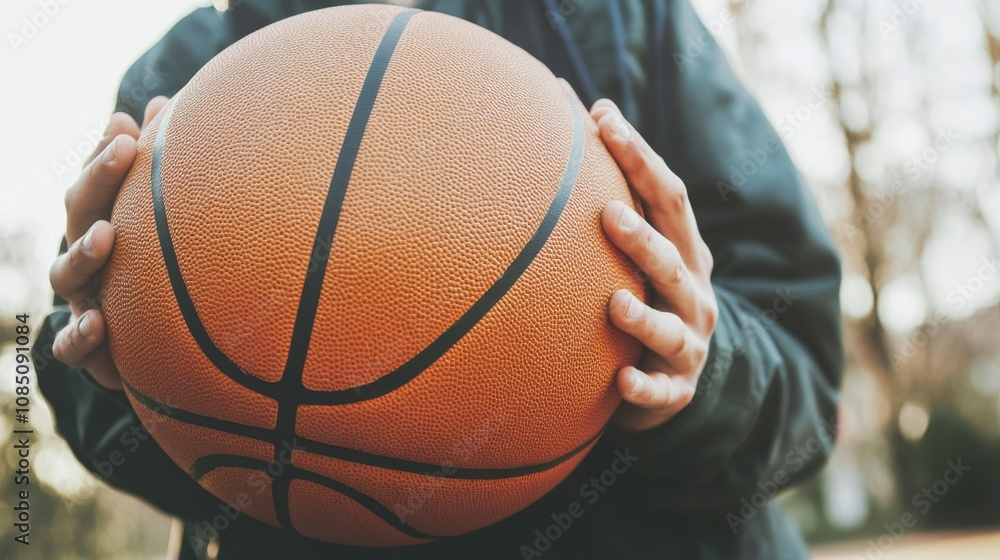 Person holding a basketball outdoors. Person holding a basketball outdoors.