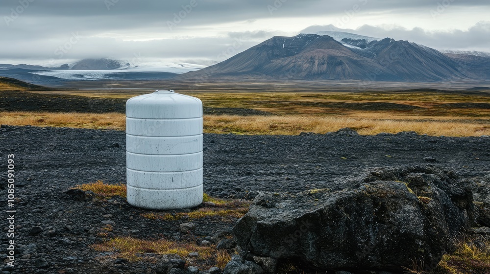 Isolated White Storage Tank in a Dramatic Icelandic Landscape Surrounded by Dark Rocks and Expansive Fields Under Overcast Sky Isolated White Storage Tank in a Dramatic Icelandic Landscape Surrounded by Dark Rocks and Expansive Fields Under Overcast Sky