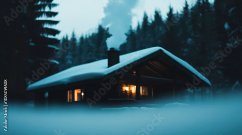 Charming winter scene rustic cabin among snow-covered pines, glowing warmly against the chilly landscape. smoke rises from the chimney, evoking cozy retreat in nature.