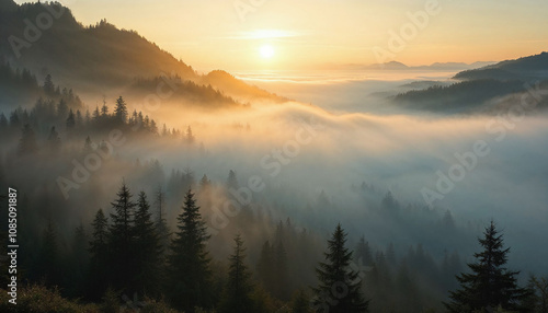 Morning fog in the Ukrainian Carpathians. Aerial drone view.