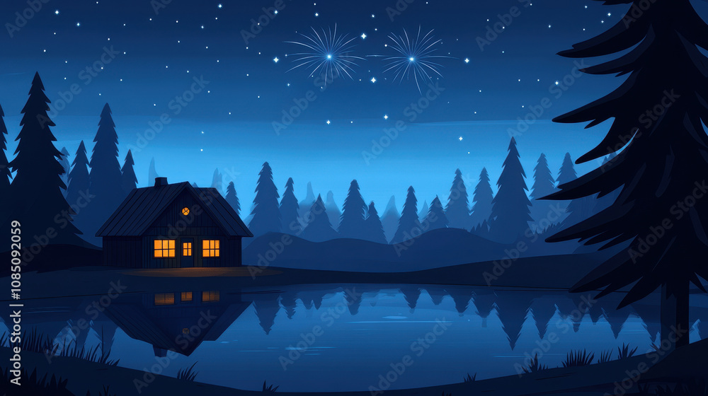 Cozy cabin among tall pines reflects warmth across still lake, under starry sky with bright fireworks. tranquil scene evokes relaxation and naturebeauty, ideal for marketing or digital media. Cozy cabin among tall pines reflects warmth across still lake, under starry sky with bright fireworks. tranquil scene evokes relaxation and naturebeauty, ideal for marketing or digital media.