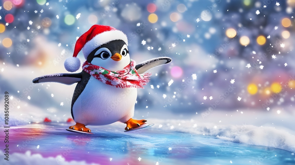 Cute penguin wearing a Christmas hat and scarf gliding on ice during winter with colorful bokeh lights and gentle snowflakes falling in the background Cute penguin wearing a Christmas hat and scarf gliding on ice during winter with colorful bokeh lights and gentle snowflakes falling in the background