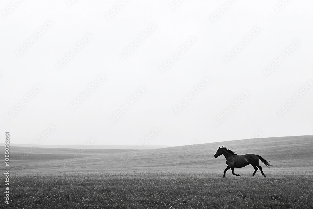 A solitary horse trots across a misty landscape in monochrome serenity A solitary horse trots across a misty landscape in monochrome serenity