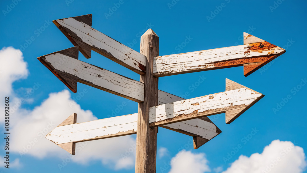 blank white road signs pointing in different directions against a bright blue sky with scattered clouds, symbolizing choices and opportunities, creating a clean and open atmosphere blank white road signs pointing in different directions against a bright blue sky with scattered clouds, symbolizing choices and opportunities, creating a clean and open atmosphere