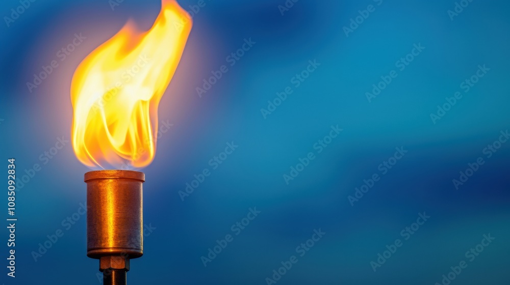 Close-up of a burning torch with a vibrant orange flame against a deep blue sky, symbolizing energy, warmth, and illumination Close-up of a burning torch with a vibrant orange flame against a deep blue sky, symbolizing energy, warmth, and illumination