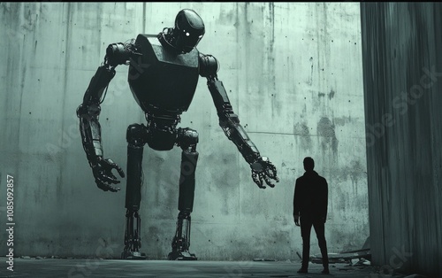 Robot Blocking Human Path: A tall, intimidating robot standing firmly, blocking a human's path with an outstretched metallic arm; ominous urban setting in low lighting to amplify tension  photo