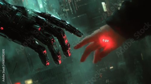 A detailed shot of a human finger extending towards a robot's metallic finger, with subtle glowing effects at the point of near-contact, set against a dynamic, abstract technology-themed background  photo