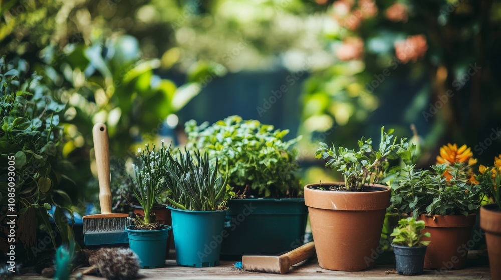 A vibrant gardening session in a blooming botanical garden, Gardening tools and plants arranged for cultivation, Botanical leisure style A vibrant gardening session in a blooming botanical garden, Gardening tools and plants arranged for cultivation, Botanical leisure style