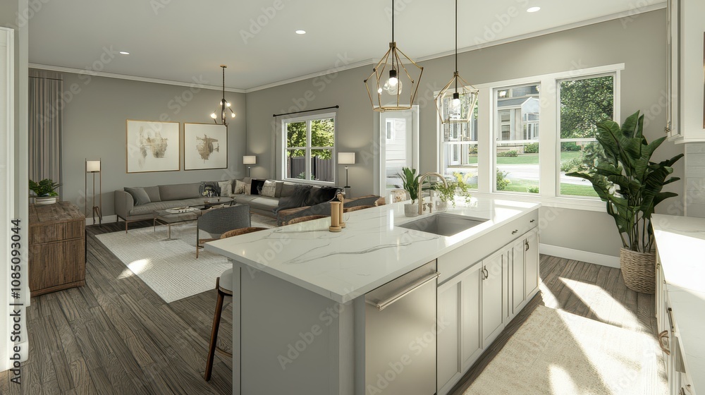 Spacious and Modern Open Concept Living Room with Kitchen Featuring Natural Lighting, Neutral Tones, Stylish Decor, and Cozy Furniture in a Bright Atmosphere Spacious and Modern Open Concept Living Room with Kitchen Featuring Natural Lighting, Neutral Tones, Stylish Decor, and Cozy Furniture in a Bright Atmosphere