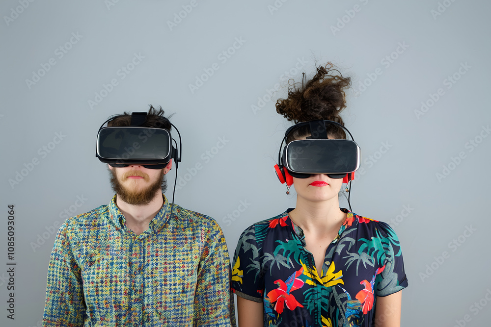 Two person wearing virtual reality headsets. Two person wearing virtual reality headsets.