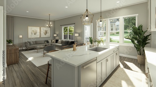 Wallpaper Mural Spacious and Modern Open Concept Living Room with Kitchen Featuring Natural Lighting, Neutral Tones, Stylish Decor, and Cozy Furniture in a Bright Atmosphere Torontodigital.ca