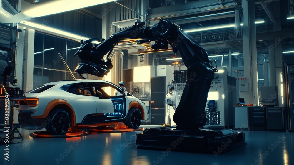 Robotic arm working on a futuristic car. Robotic arm working on a futuristic car.