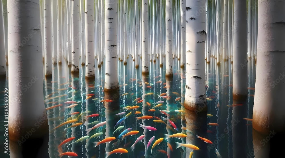 Obraz premium Serene Birch Forest with Colorful Koi Fish in Water