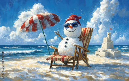 Snowman at the sinny summer Beach with palms and cocktail professional photo  photo