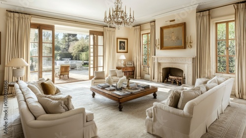 Elegant Living Room with French Doors and Fireplace