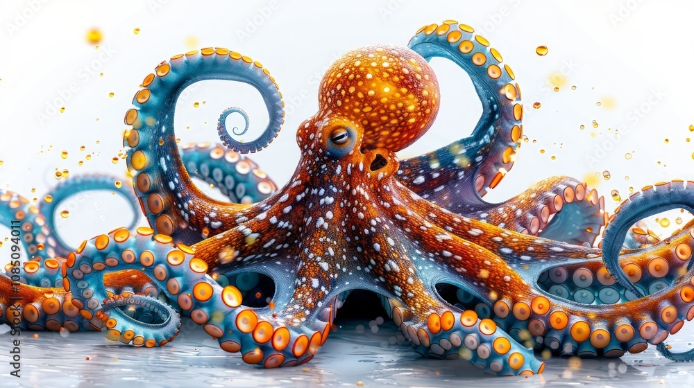 Obraz premium Vibrant octopus with swirling tentacles on white background.