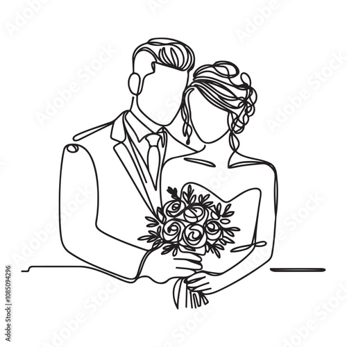 One continuous single drawing black line art doodle wedding couple bride and groom outline vector illustration on white background