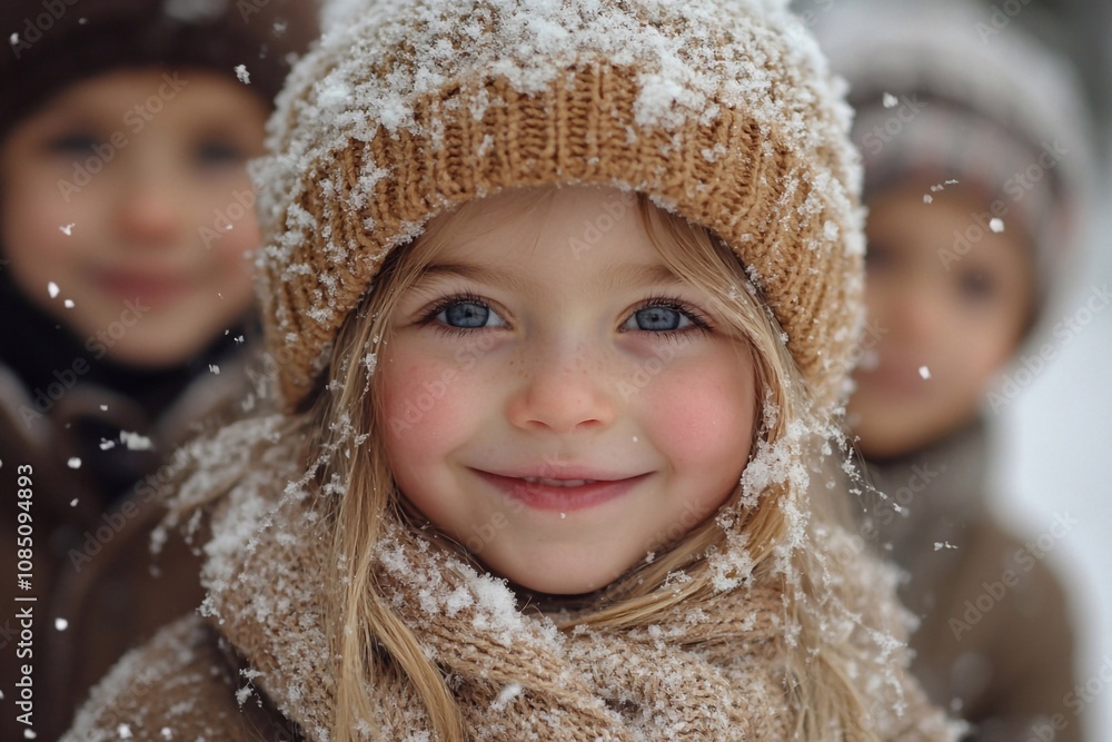 Children in hats covered with white snow, with cheerful smiles on their faces, create an atmosphere of winter joy and children's delight. Children in hats covered with white snow, with cheerful smiles on their faces, create an atmosphere of winter joy and children's delight.