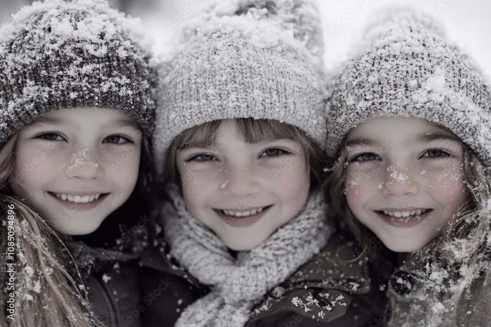 Children in hats covered with white snow, with cheerful smiles on their faces, create an atmosphere of winter joy and children's delight. Children in hats covered with white snow, with cheerful smiles on their faces, create an atmosphere of winter joy and children's delight.