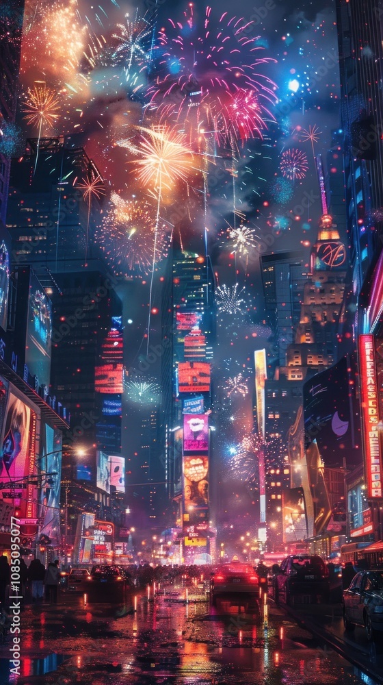 Obraz premium Colorful fireworks explode over a crowded city street at night.