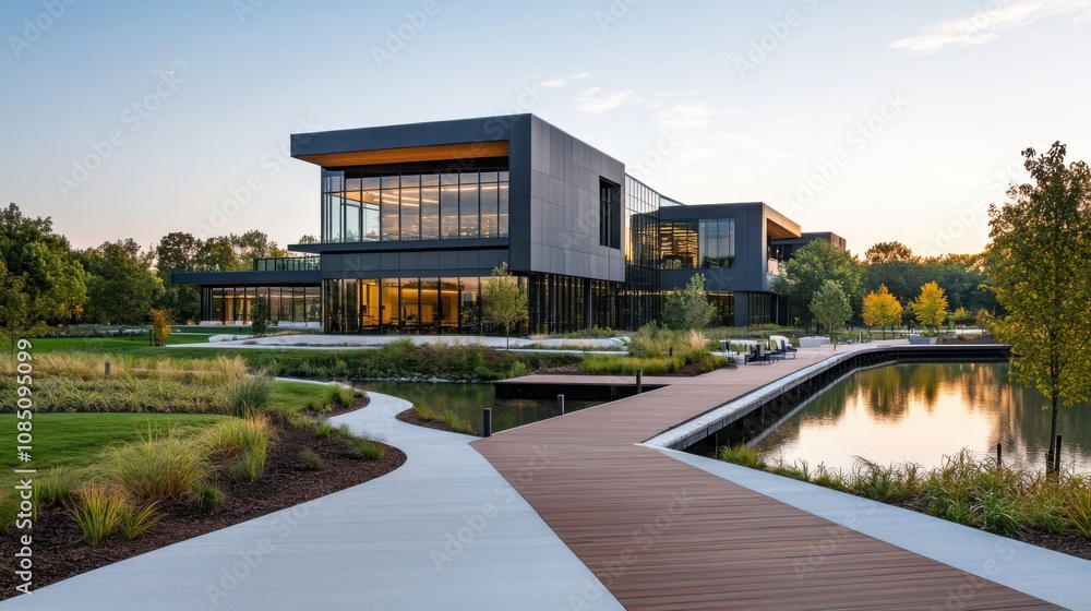 Modern Building with Eco-Friendly Design and Landscaping Modern Building with Eco-Friendly Design and Landscaping