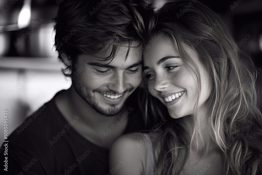 The black and white photo shows a couple in love, their smiles sincere and their eyes full of tenderness. The simplicity of the image emphasizes the depth of their bond. The black and white photo shows a couple in love, their smiles sincere and their eyes full of tenderness. The simplicity of the image emphasizes the depth of their bond.