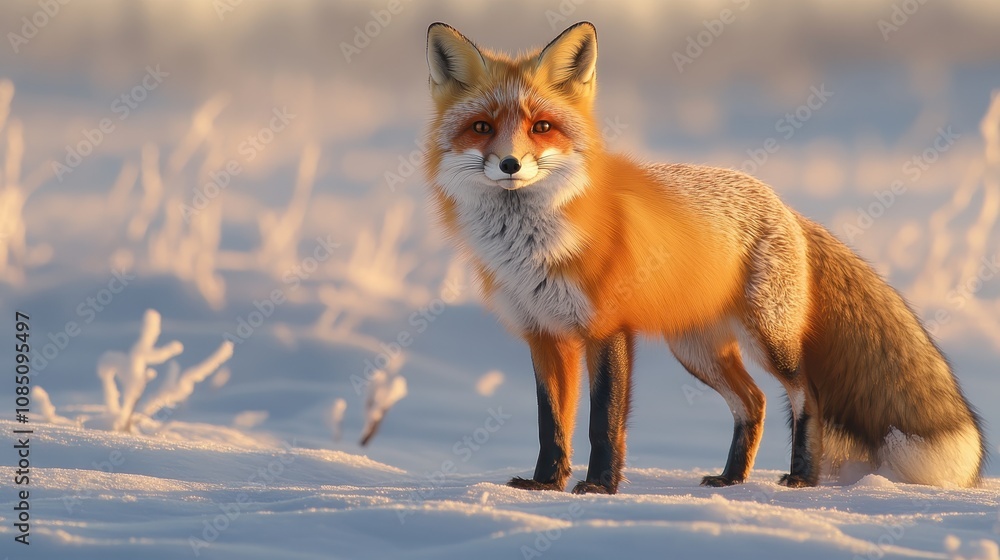 Fototapeta premium ** Majestic Red Fox Standing in Snowy Field During Golden Hour with Soft Sunlight and Frosty Background..**