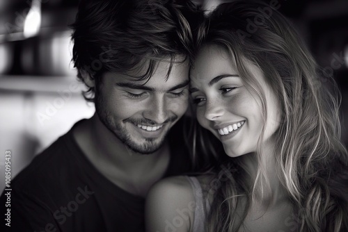 The black and white photo shows a couple in love, their smiles sincere and their eyes full of tenderness. The simplicity of the image emphasizes the depth of their bond.