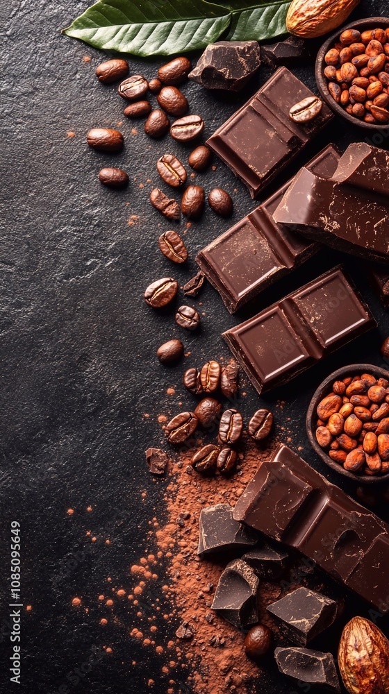 Dark background with coffee beans scattered on it and dark chocolate pieces. The deep, rich tones of the background emphasize the natural color of the coffee beans, creating a warm, aromatic atmospher Dark background with coffee beans scattered on it and dark chocolate pieces. The deep, rich tones of the background emphasize the natural color of the coffee beans, creating a warm, aromatic atmospher