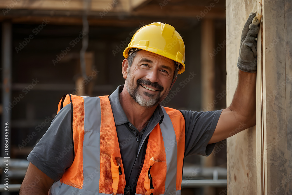 A man in a safety vest and hard hat is smiling A man in a safety vest and hard hat is smiling
