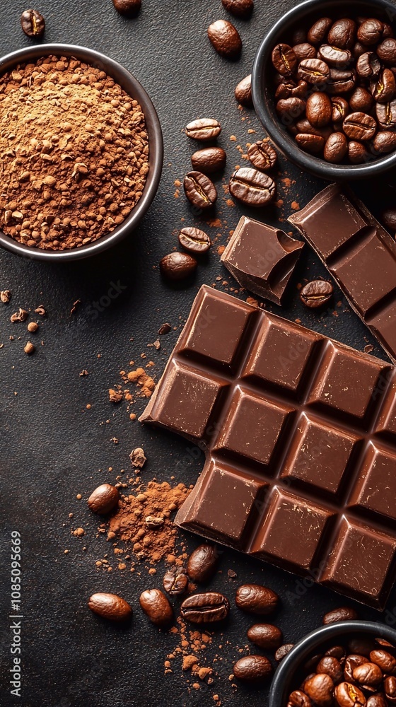Dark background with coffee beans scattered on it and dark chocolate pieces. The deep, rich tones of the background emphasize the natural color of the coffee beans, creating a warm, aromatic atmospher Dark background with coffee beans scattered on it and dark chocolate pieces. The deep, rich tones of the background emphasize the natural color of the coffee beans, creating a warm, aromatic atmospher