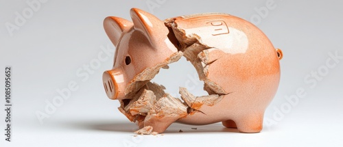Investing mistake fail business and volatility Concept, Broken piggy bank with a large hole, symbolizing financial loss or unexpected expenses.