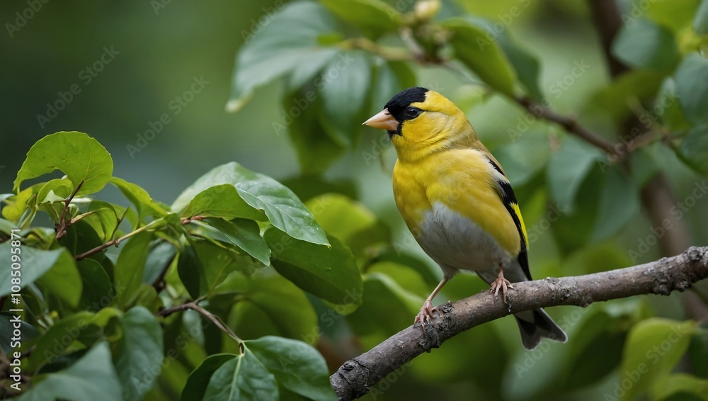 A gold finch is perched on a tree branch with lots of green leaves A gold finch is perched on a tree branch with lots of green leaves