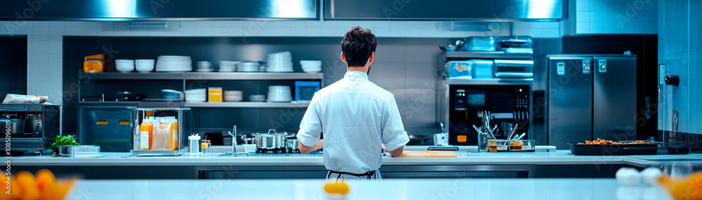 A chef stands in a modern kitchen, focused on culinary preparation amidst an organized workspace filled with various utensils and equipment. A chef stands in a modern kitchen, focused on culinary preparation amidst an organized workspace filled with various utensils and equipment.