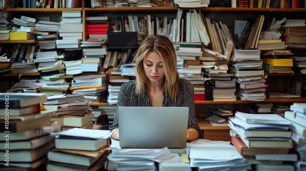 Focused Woman Working on Laptop Surrounded by Stacks of Books in a Cozy Study Environment Filled with Knowledge and Creativity Focused Woman Working on Laptop Surrounded by Stacks of Books in a Cozy Study Environment Filled with Knowledge and Creativity