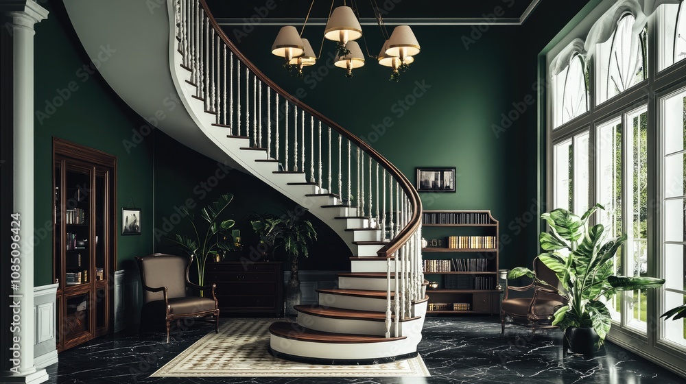 Elegant Grand Staircase in a Luxurious Green Interior Elegant Grand Staircase in a Luxurious Green Interior