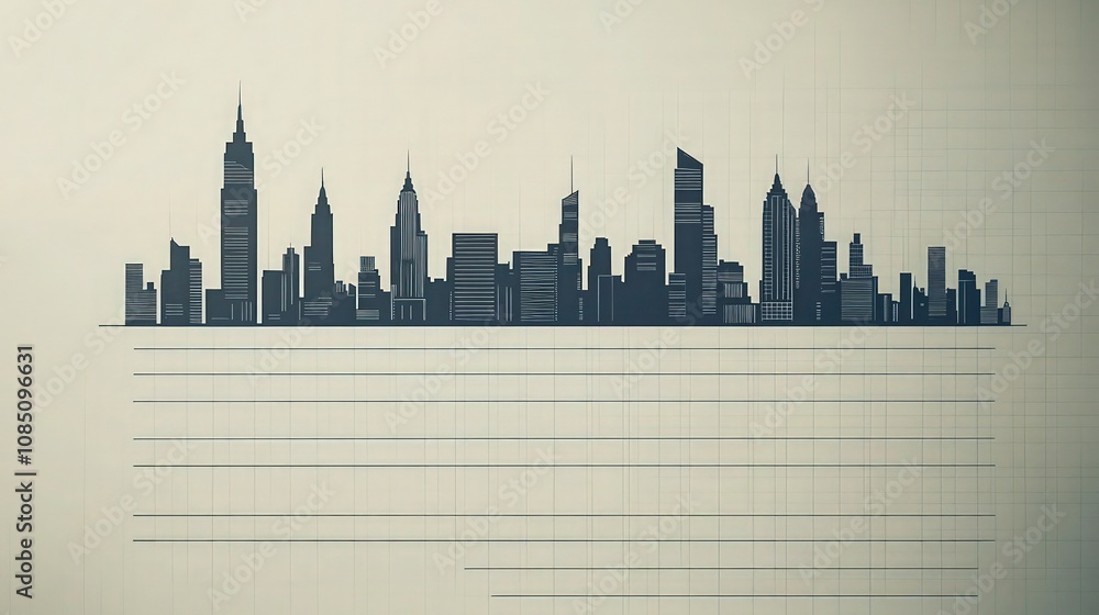 Naklejka premium A ruled paper background in light grey, featuring minimalist city skyline silhouettes at the top, suitable for urban planning or architecture notes