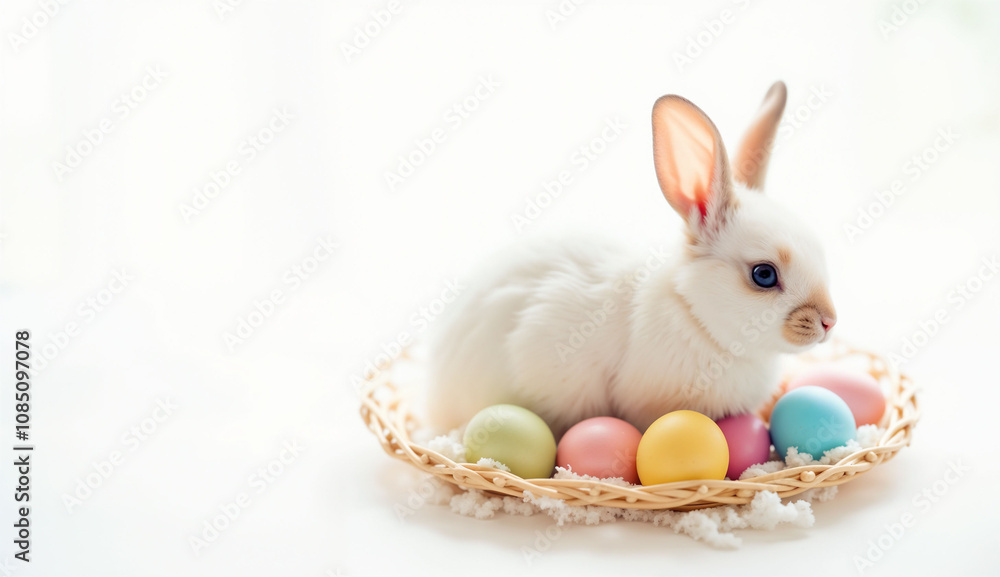 Fluffy white rabbit sitting in a woven basket surrounded by colorful Easter eggs on a white background Fluffy white rabbit sitting in a woven basket surrounded by colorful Easter eggs on a white background