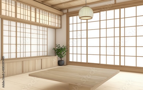 Serene minimalist Japanese-style room interior with shoji screens, wooden floors, low table, and a hanging lamp. Perfect for meditation, relaxation, or zen-inspired design concepts.