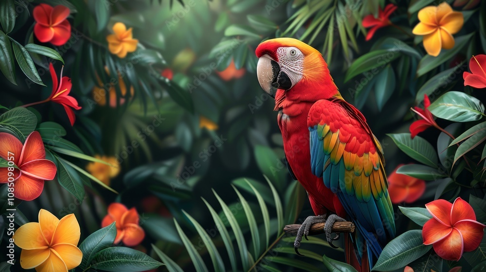 Vibrant scarlet macaw perched amidst lush tropical foliage and flowers. Vibrant scarlet macaw perched amidst lush tropical foliage and flowers.