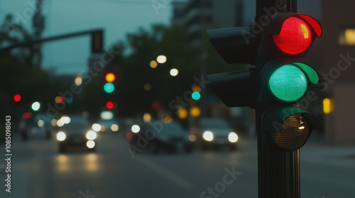 Traffic Light Change at Night with Blurred Background photo