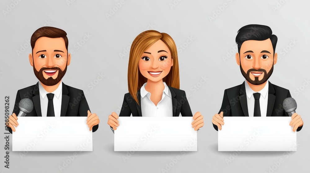 Three presenters with blank signs for messages. Three presenters with blank signs for messages.