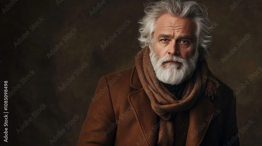 Obraz premium A man with a beard and a scarf is standing in front of a wall