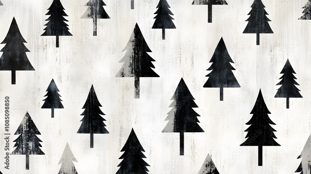 Obraz premium Seamless Pattern of Black Pine Trees on a Distressed White Background, Perfect for Seasonal Designs, Wallpapers, and Textiles in Rustic Styles