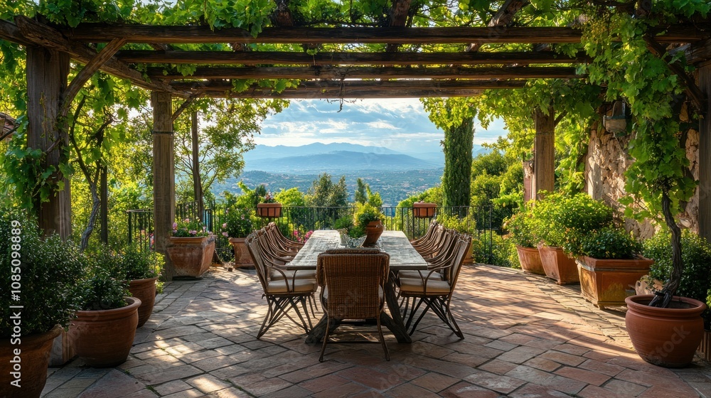 Outdoor Patio with Table and Chairs under a Pergola with a Mountain View Outdoor Patio with Table and Chairs under a Pergola with a Mountain View