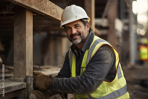 A man in a yellow vest and a hard hat is smiling