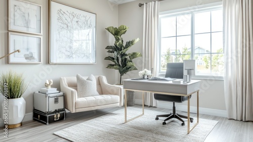 Modern Home Office with White Walls and a Golden Desk