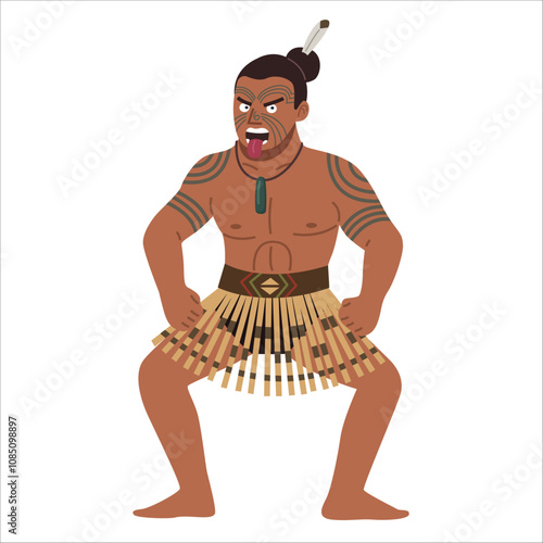 A Maori warrior in traditional attire performing the haka, a powerful cultural dance.