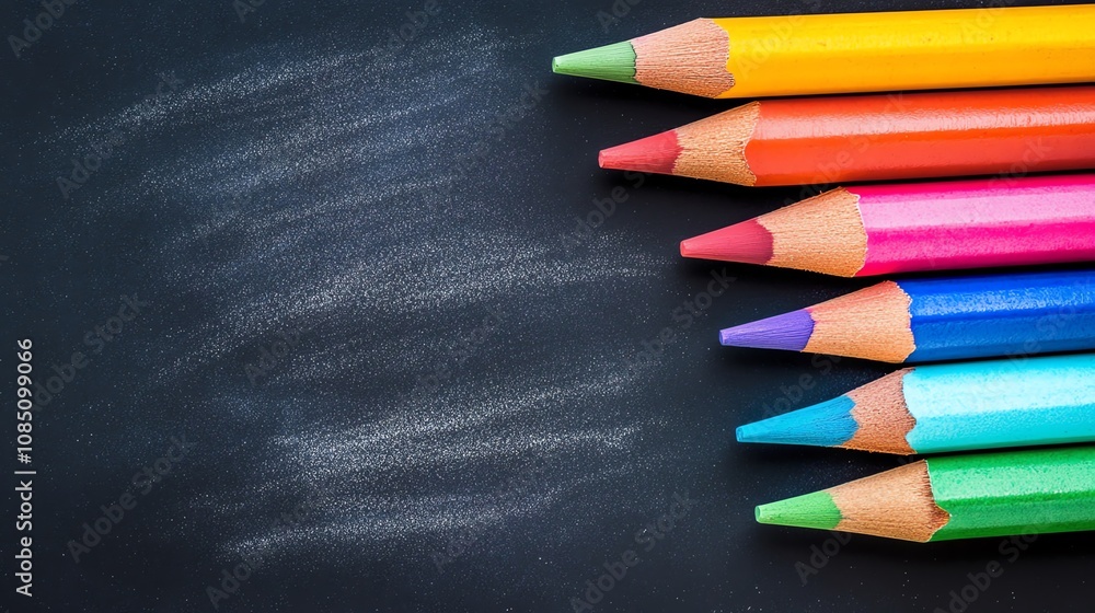 Colorful pencils on a black chalkboard surface.